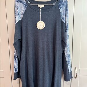 Umgee Blue Long Sleeve Dress with Tie-Dye Accents